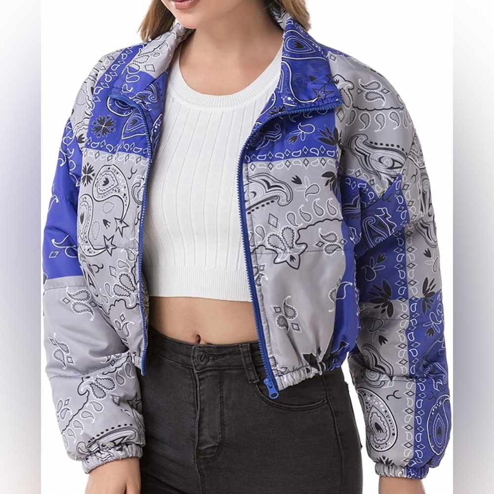 New - Blue Women's Quilted Lightweight Cropped Bandana Windbreaker Jacket - Picture 5 of 13